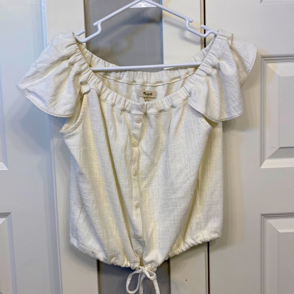 Madewell ruffled shoulder linen top with drawstring hem